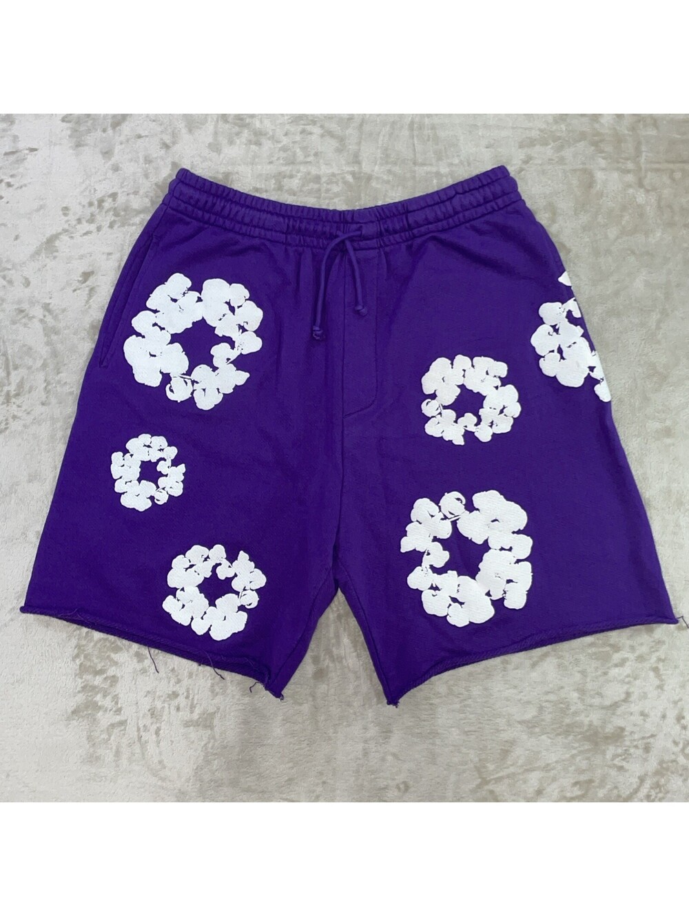 DENIM TEARS Purple White Floral Fleece Sweat Shorts Drawstring Mens Size Large